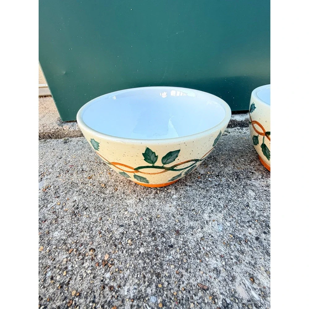Brushes KIC Handpainted Ivy Leaf Speckled Ceramic Bowls‎ Set of 2 Cream Green